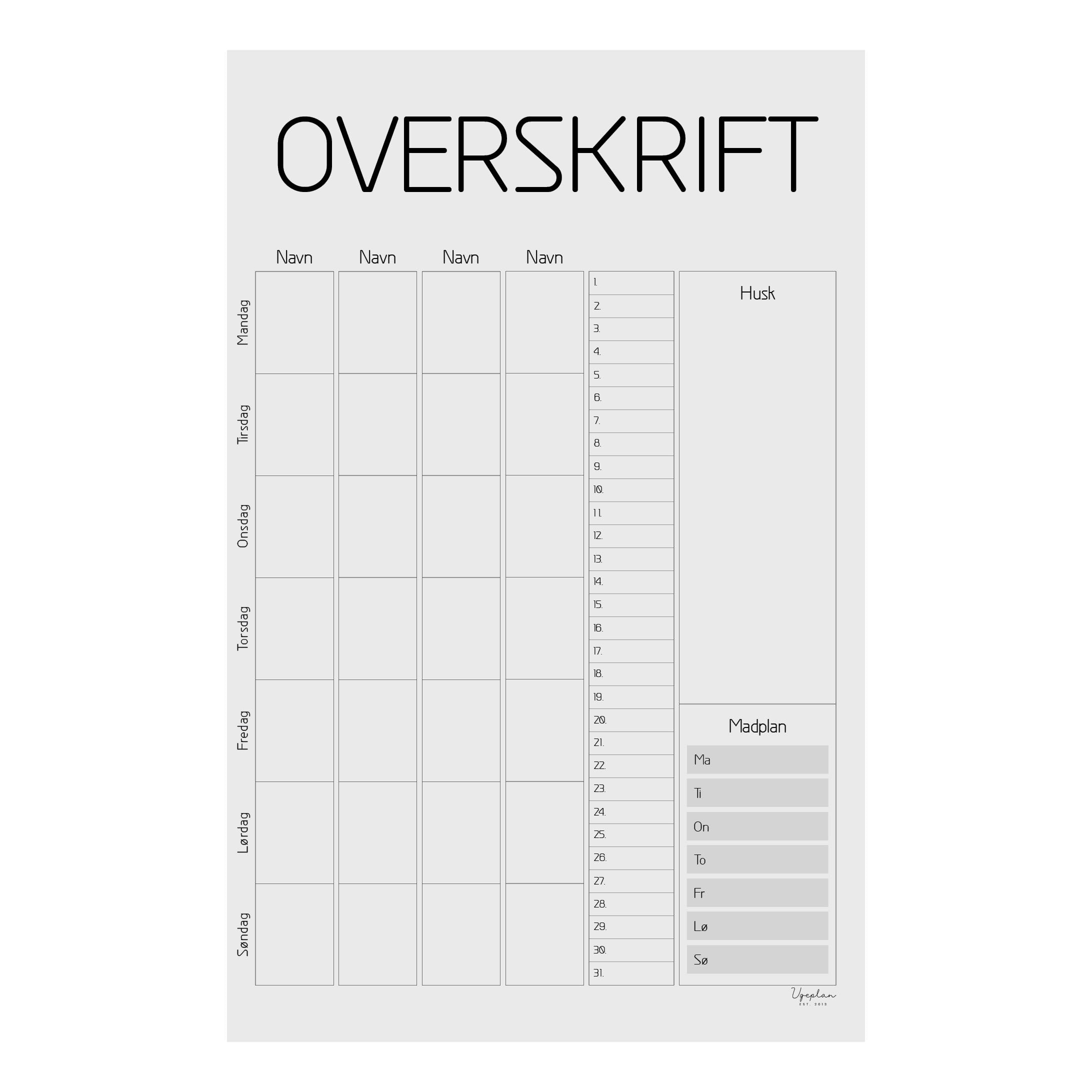 Ugeplan til køleskabet, Moderne med Måned