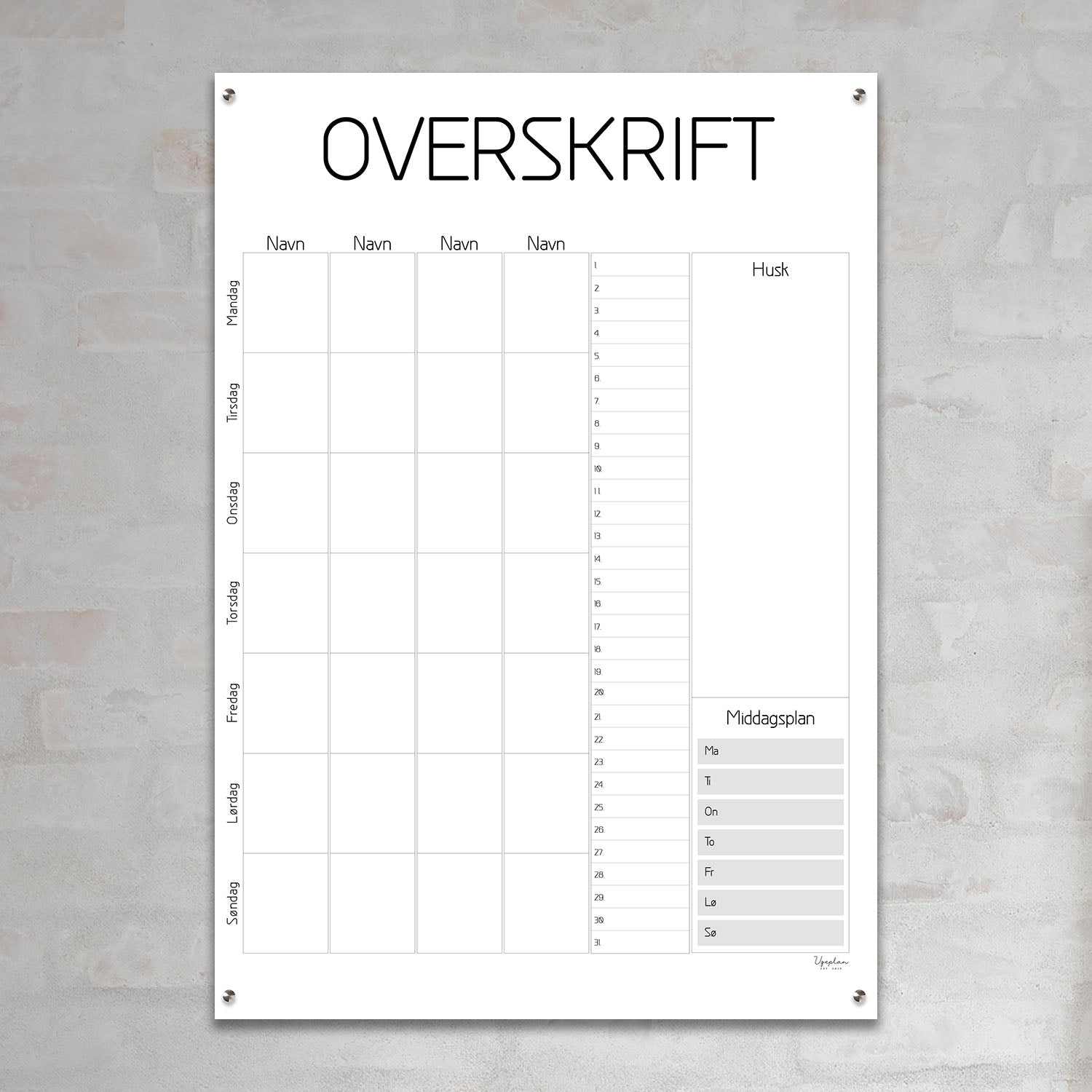 Ukeplan, moderne stående med måned